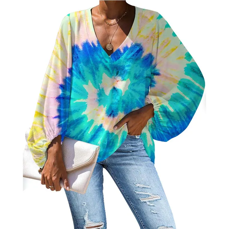 

HYCOOL New Arrivals Long Sleeve Sexy V Neck Casual Tops Tie Dye Print Clothes Women Plus Size Office Shirts Blouses Wholesale