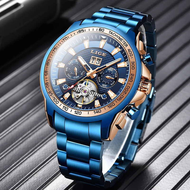 

Relogio Masculino 2020 LIGE New Luxury All Steel Mens Mechanical Watches Men Automatic Tourbillon Blue Fashion Waterproof Clock