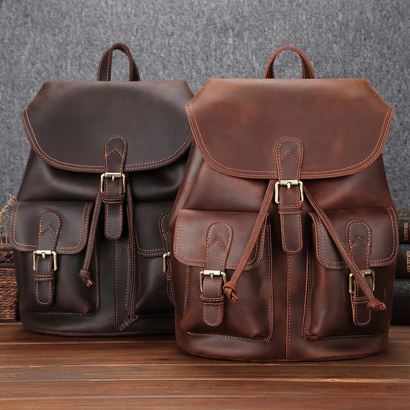 

YUPINXUAN Dropshipping Vintage Cow Leather Backpacks Mens Large Capacity Strings Daypacks 14" Laptop Student Rucksacks