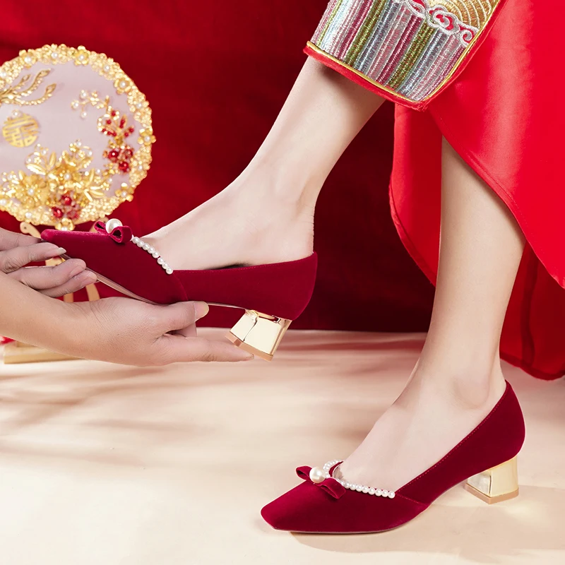 

New bridal shoes red heel square head thick heel