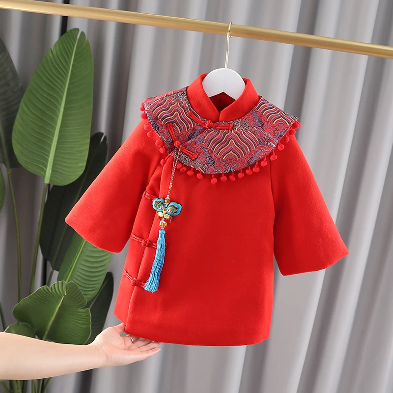 Стеганое платье Hanfu для девочек зимнее теплое детское шерстяное красное