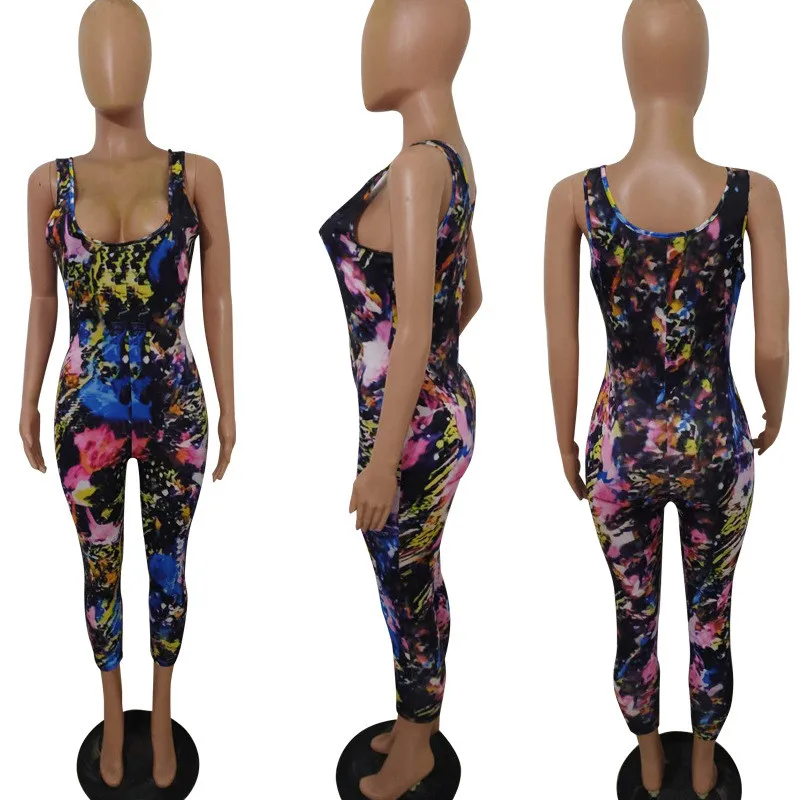 

Tie Dye Printed Rompers Womens Jumpsuit Calf-length Pants Tank Sleeveless Summer Jumpsuit Bodycon Bodysuits Combinaison Femme