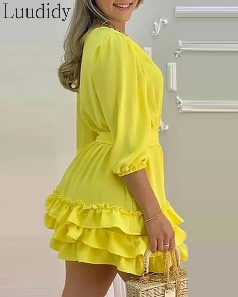 

Summer Women V-Neck Layered Ruffles Frill Hem Casual Dress