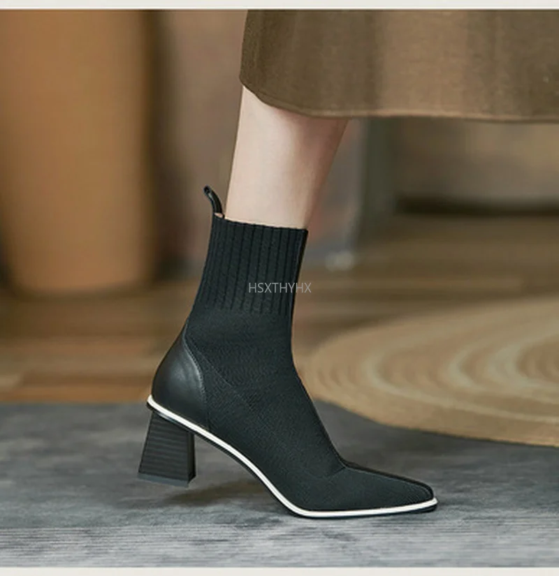 

2021 Women Genuine Leather Sock Boots Round Toe Stretch Boots Chunky Heel Fashion Skid Proof Booties Ladies Winter Boots