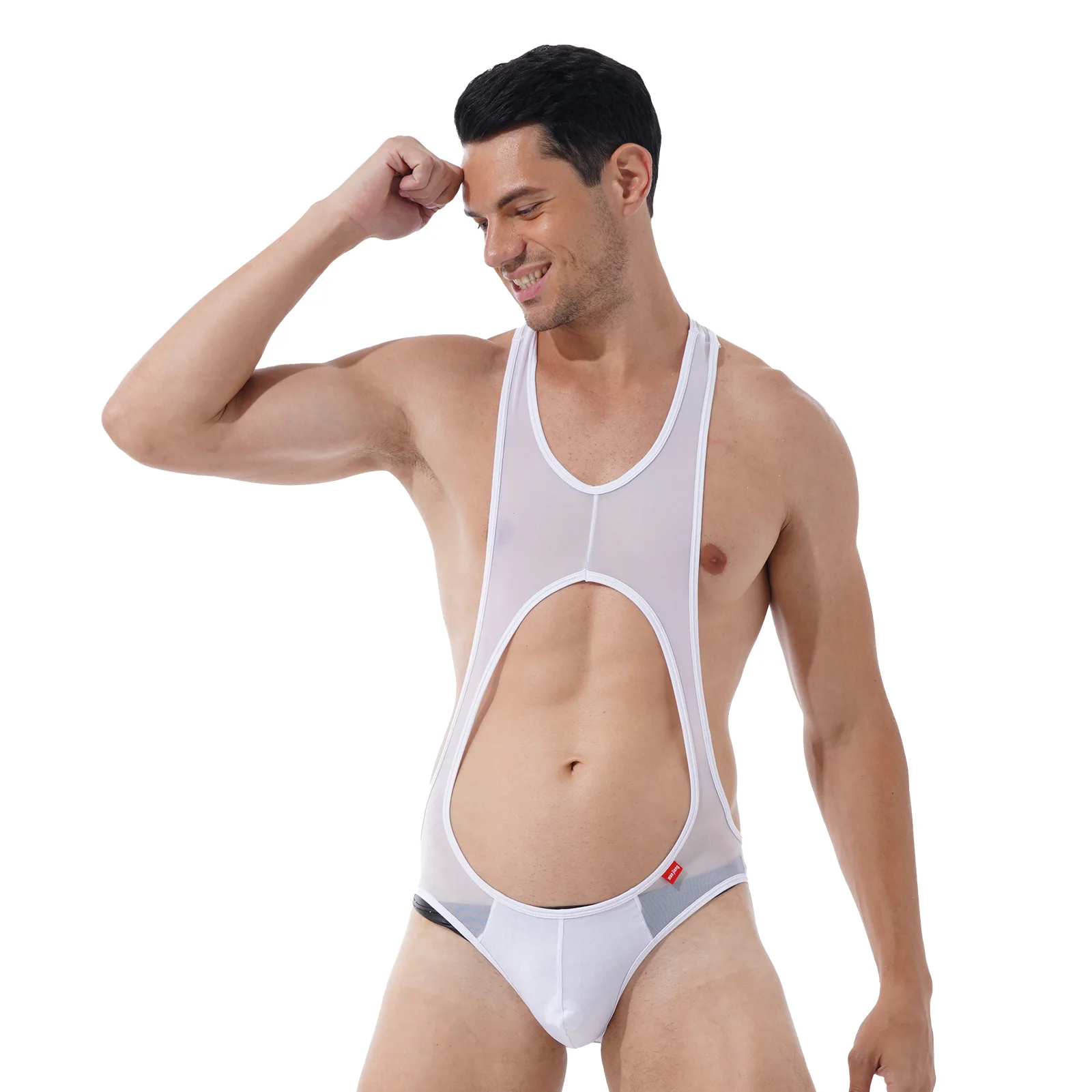 Mens Lingerie See-through Mesh Wrestling Singlet Leotard Fitness Hollow Out Sleeveless Bodysuit Bulge Pouch Skinny Jumpsuit | Спорт и