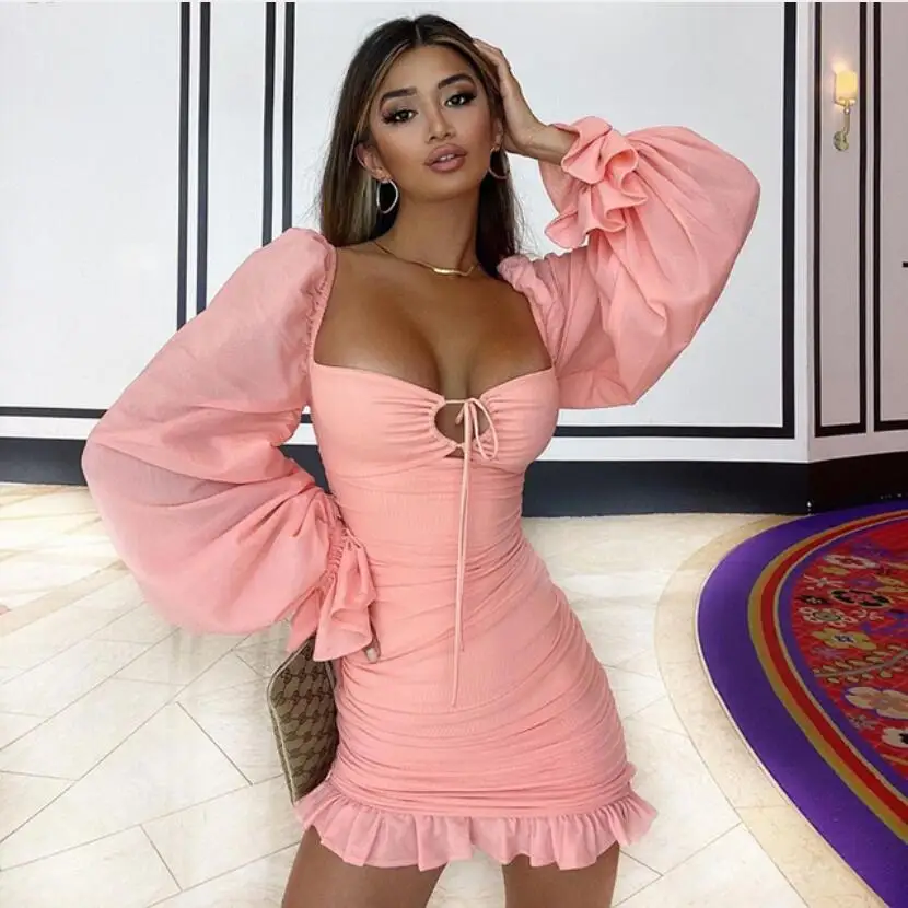 

Skinny Long Sleeve Dress Square Collar Lace Up Ruched Ruffle Elastic Green Bodycon Mini Dresses Woman Sexy Casual Vestidos p995