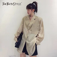twotwinstyle casual khaki blazer for women notched long sleeve korean patchwork straight blazers females 2021 spring fashion new