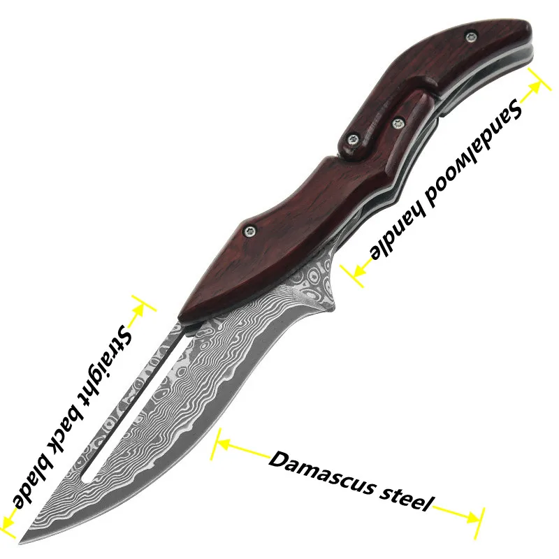 

Damascus Steel Tactical Hunting Jungle Folding Knife Sandalwood Handle Fixed Blade Outdoor Camping EDC Pocket Survival Tool