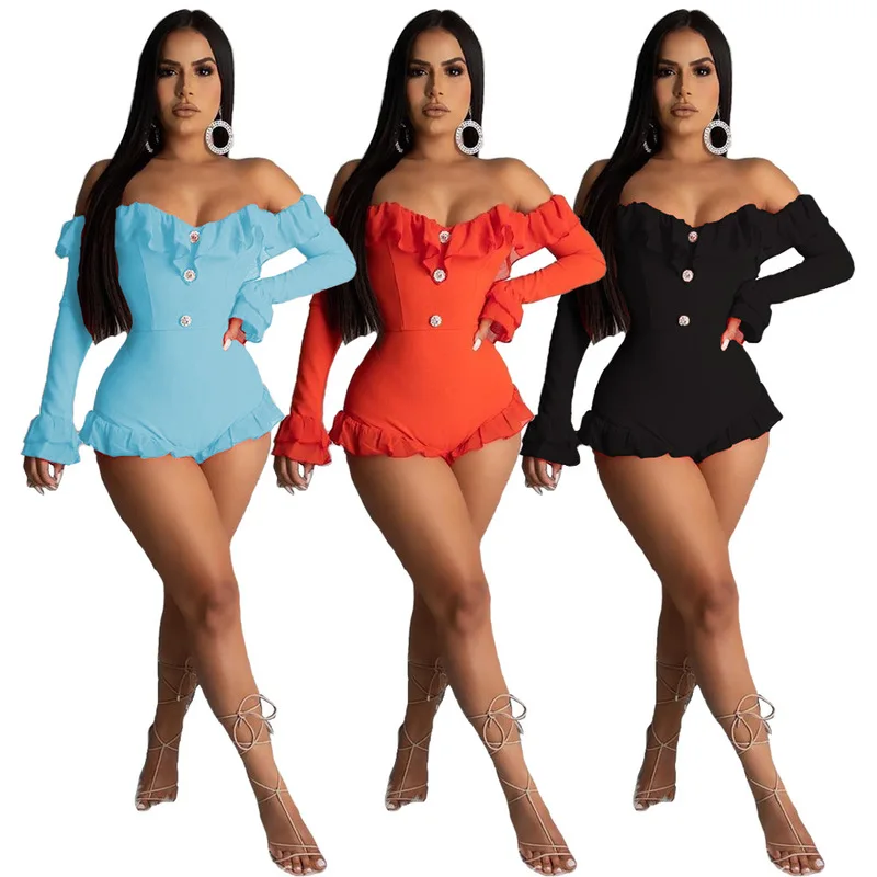 

FIXSYS Sexy Solid Ruffle Slash Neck Jumpsuit Women Flare Long Sleeve Top Shorts Swimsuit New Mesh Patchwork Outfits For Women