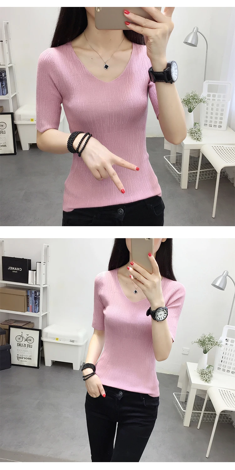 OHCLOTHINGnew style2019, короткий рукав, хлопок, круглый вырез, свитер, Женский рукав, голова, рукав, рубашка, пять, Одноцветный, плотный свитер, тонкий, ремонт