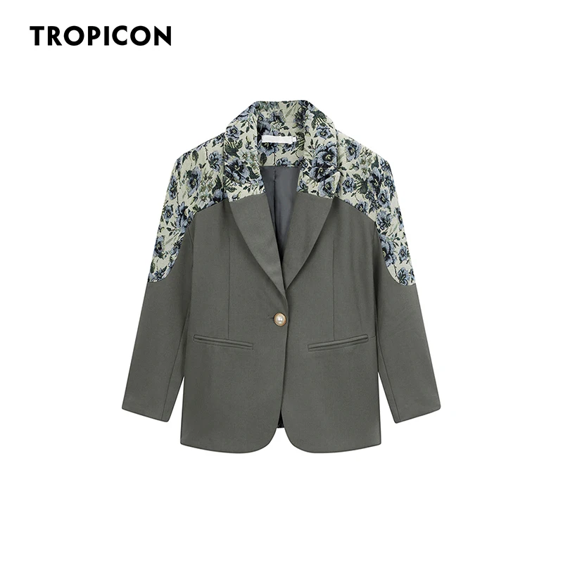 

TROPICON Jacquard Patchwork Grey Blazer Women Autumn Jacket And Coat Suit Floral Desinger High Fashion Ladies Blazer 2020