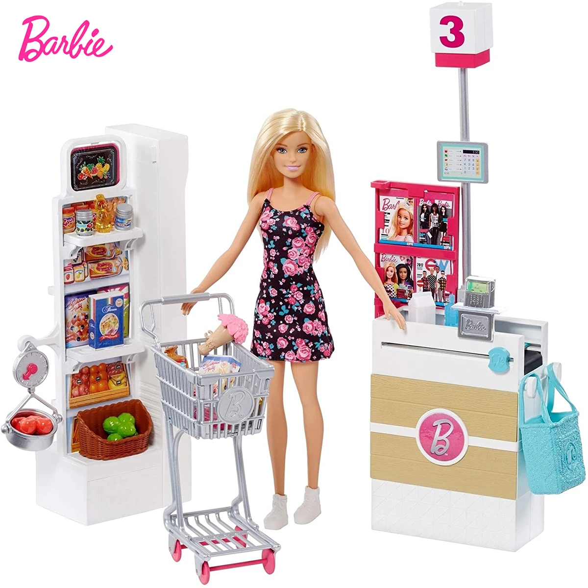 

Barbie Blonde Doll Grocery Store with Register Working Conveyor Belt Display Case and Rolling Shopping Cart Doll Playset FRP01