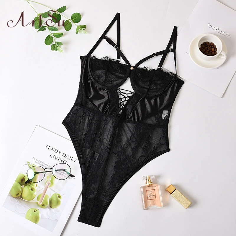 ArtSu женское Сексуальное Кружевное боди новое облегающее на шнуровке сетчатый