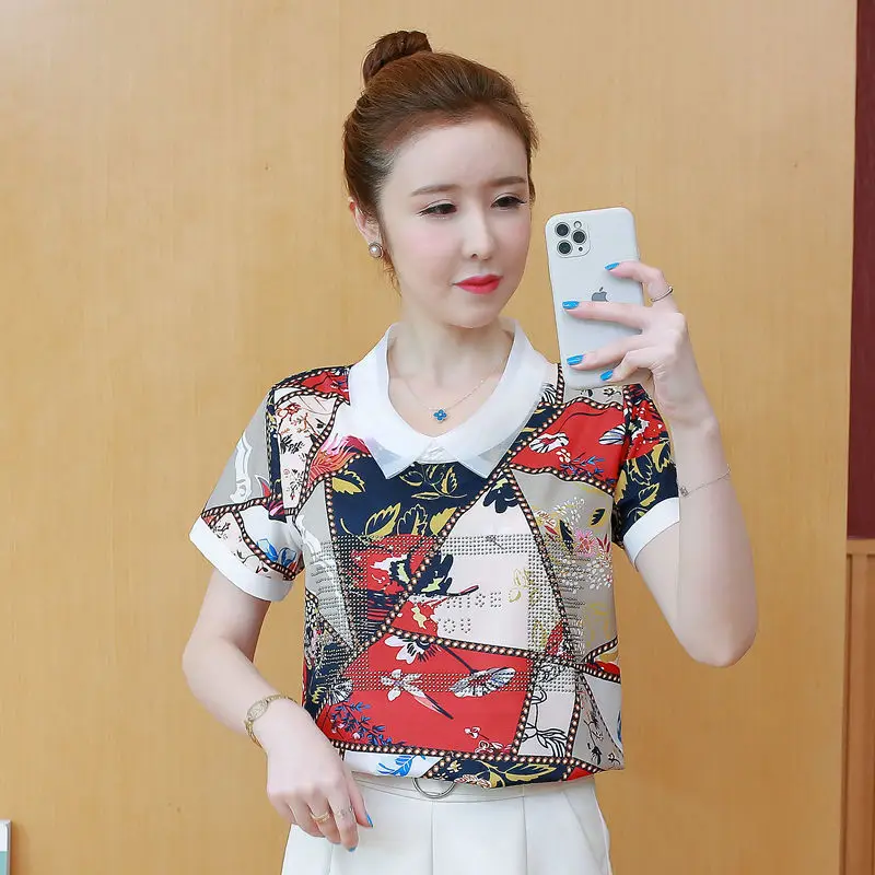 

Women's Spring Summer Style Chiffon Blouses Shirt Women's Short Sleeve Diamonds Printed Casual O-neck Korean Tops SP225