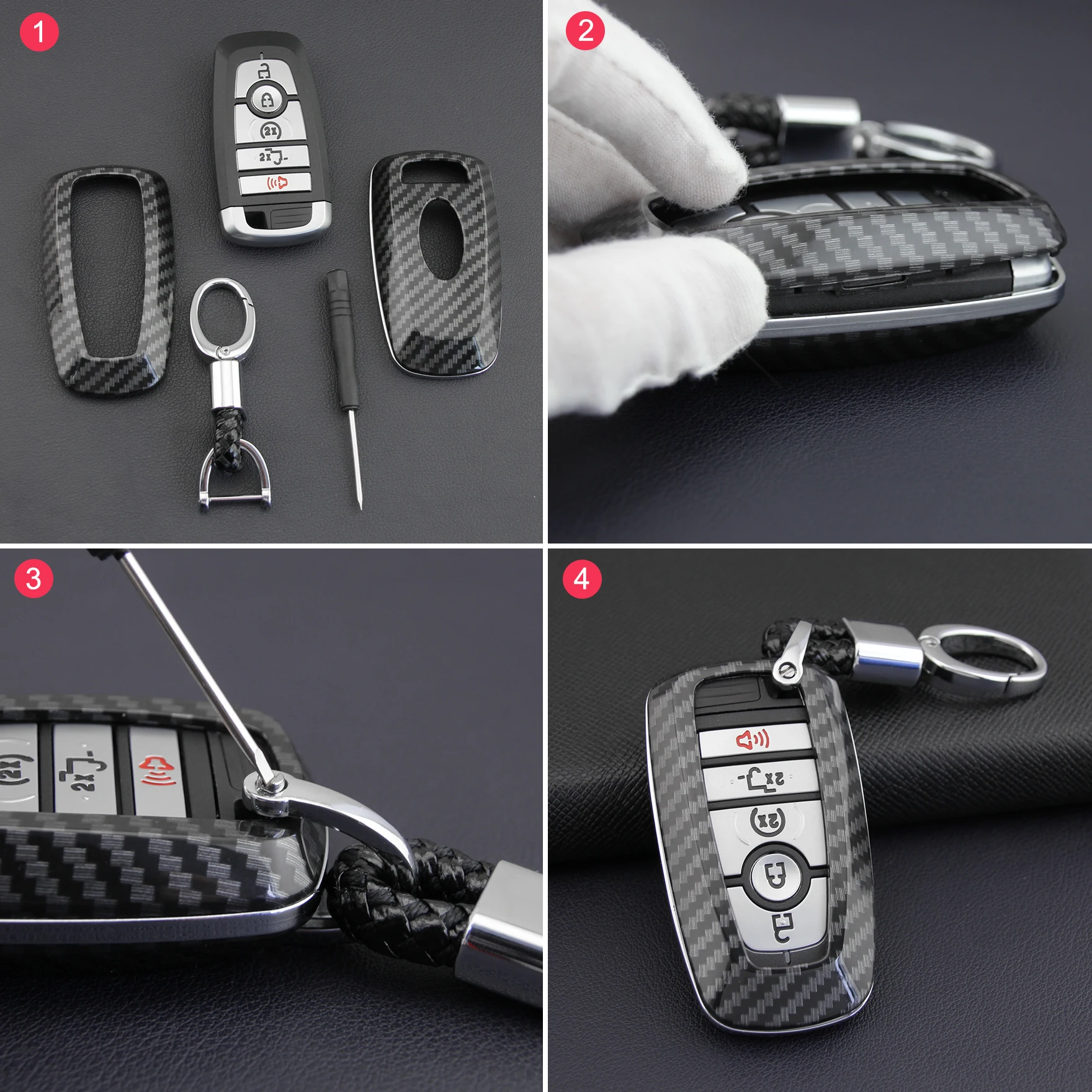 

For New Ford Fusion F-150 Mustang Explorer Ranger Edge Ecosport Carbon Fiber Smart Key Fob Chain Hard Shell Cover Case