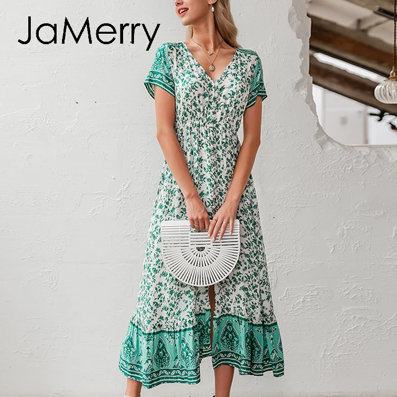 JaMerry бохо v образный вырез цветочное длинное платье женское богемное на пуговицах