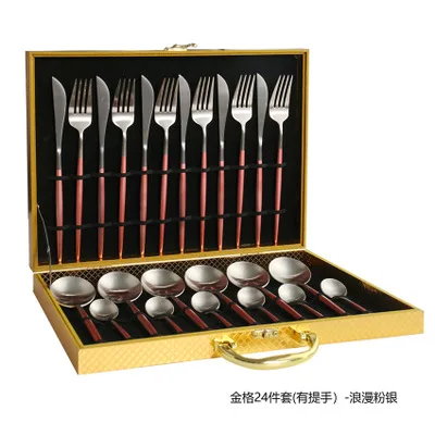 24pcs with giftbox Черный золотой набор столовых приборов 24 столовых приборов набор 18/10 из нержавеющей стали столовая вилка и нож белый золотой набор столовых приборов розовый с деревянной подарочной коробкой - Цвет: 24pcs with giftbox