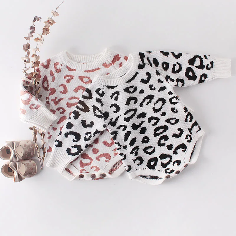 

Newborn Baby Rompers Toddler Jumpsuit Baby Girls Leopard Print Knitted Long Sleeve Baby Boy Clothes Infant Winter Autumn Outfit