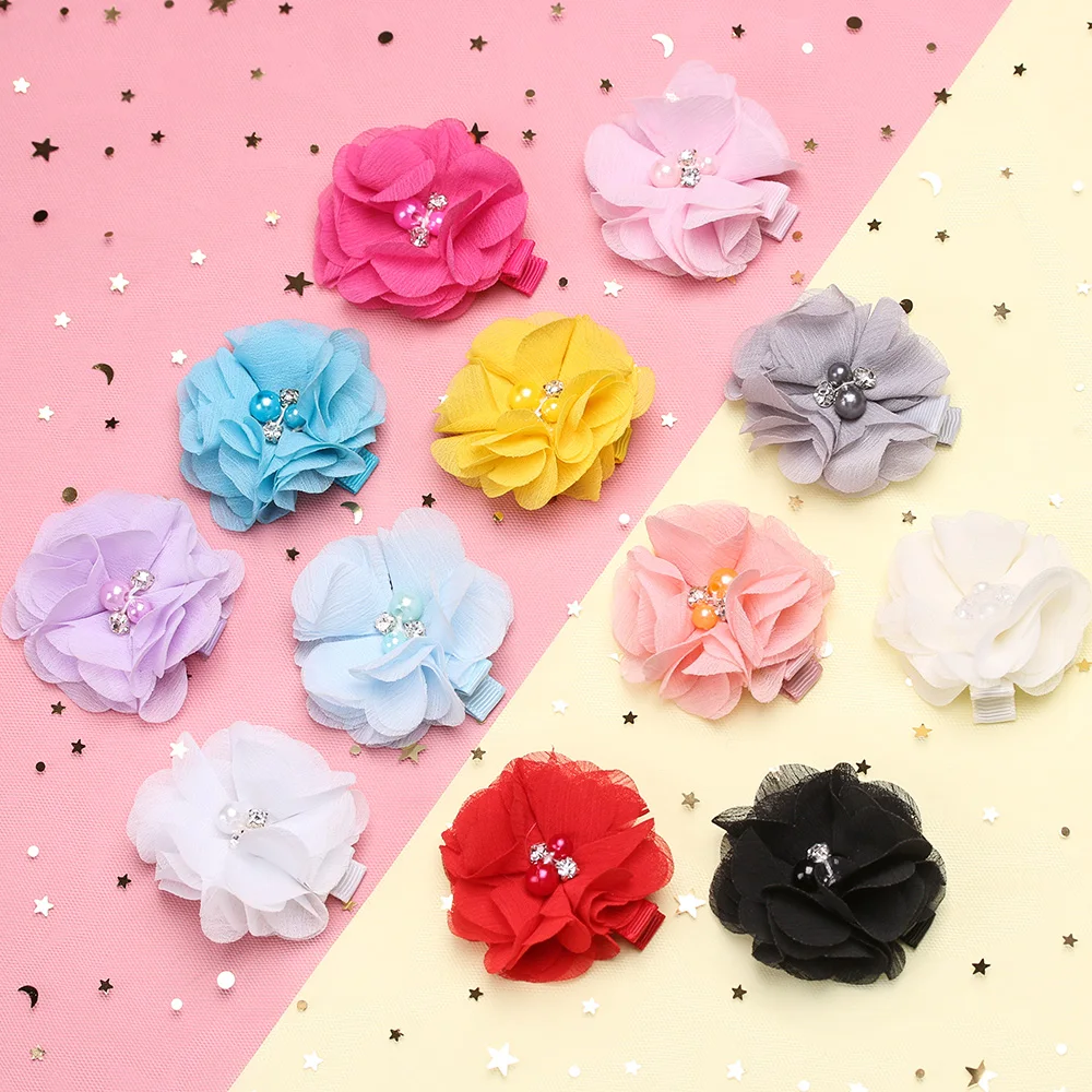 Baby girl Pearl Rhinestone Flowers Clips Girls Chiffon Fabric Hair Accessories Lovely Handmade Children's Gift Headwear | Детская