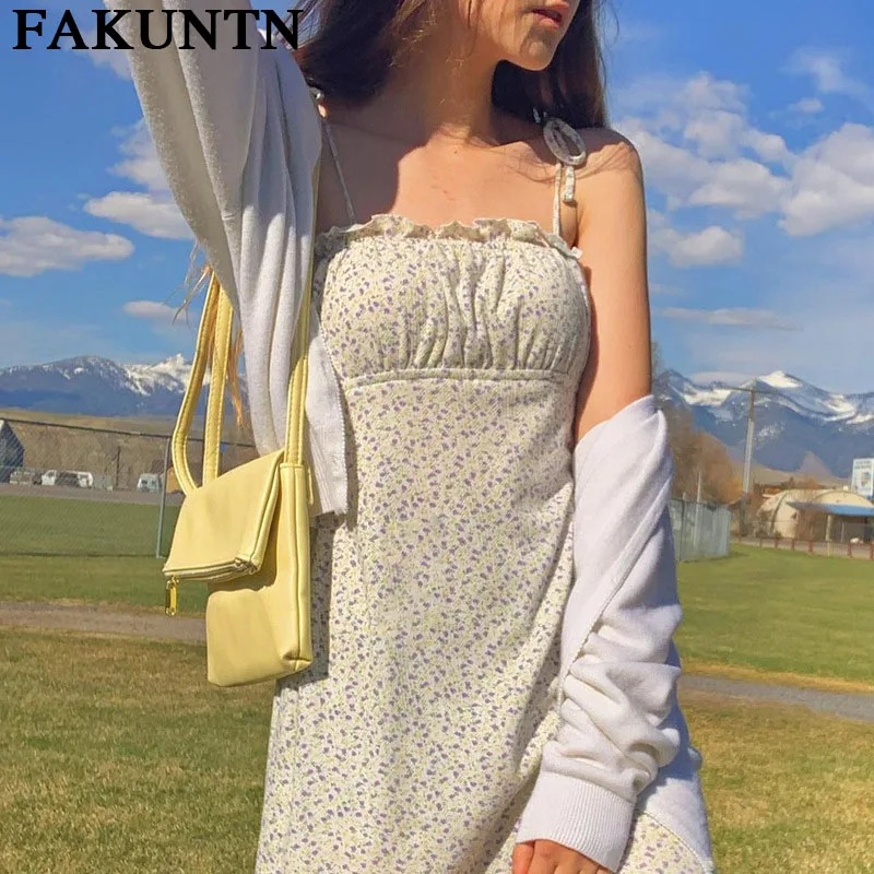 Y2K Vintage Floral Mini Dress Women 2021 New Spaghetti Strap Elegant Sundress Casual Sexy Sleeveless Summer Dress Vestidos vintage spaghetti strap burgundy floral sundress women high split front midi dress summer lady sling strapless dress a line