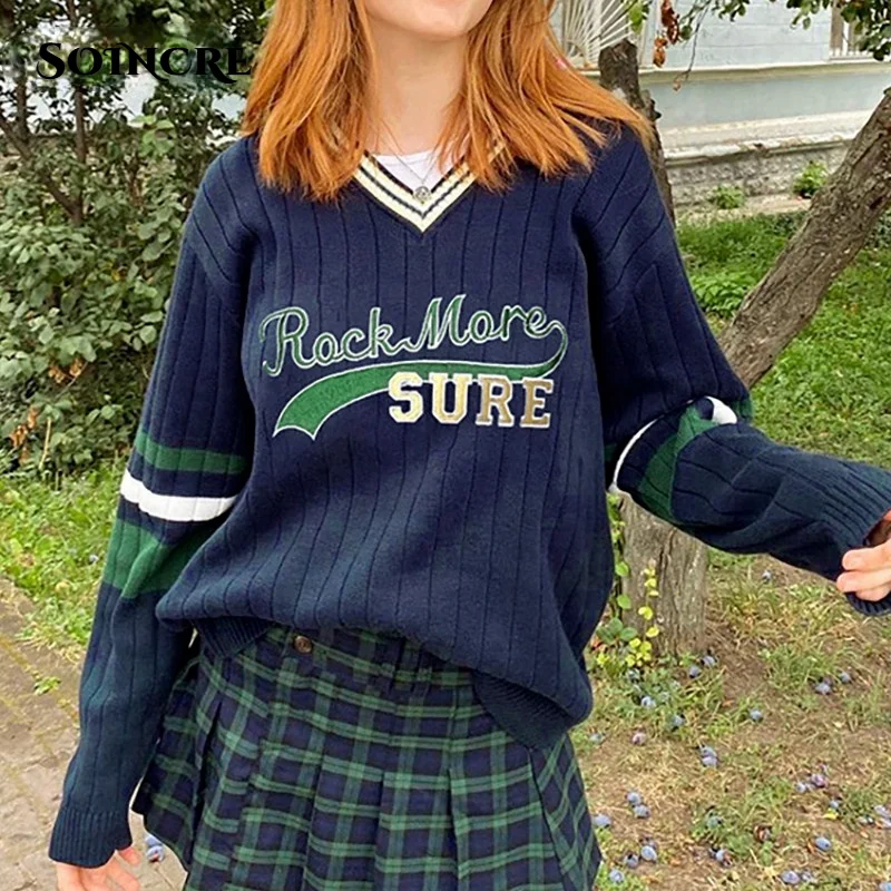 

Knitted Letter Print Pullover Women 2021 Autumn Winter Fashion V Neck Long Sleeve Y2K Sweater Casual Jumper Blue Preppy Style