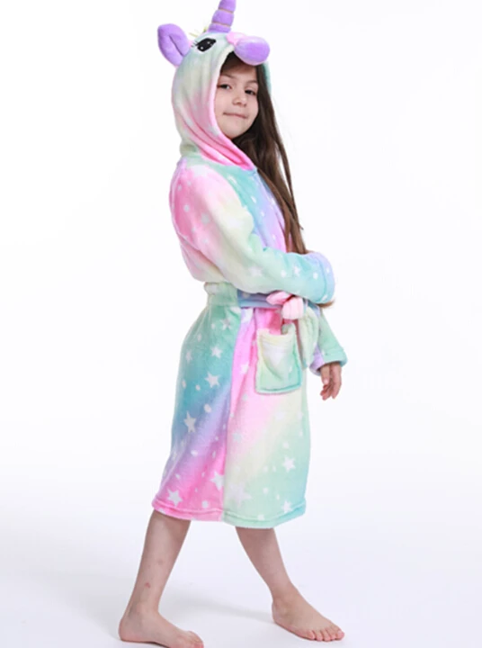 

New Toddler Kid Boys Girls Flannel Hooded Bathrobes Kids Rainbow Bath Robe Nightgown Pajamas Sleepwear Children Home Clothes