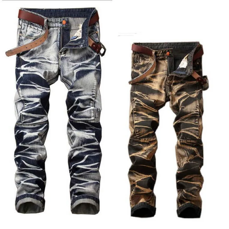 Men Jeans High Quality Retro Gold Painting Jeans Coated Stretch Slim Straight Pleated Biker Jeans Pants Male Denim Pants
