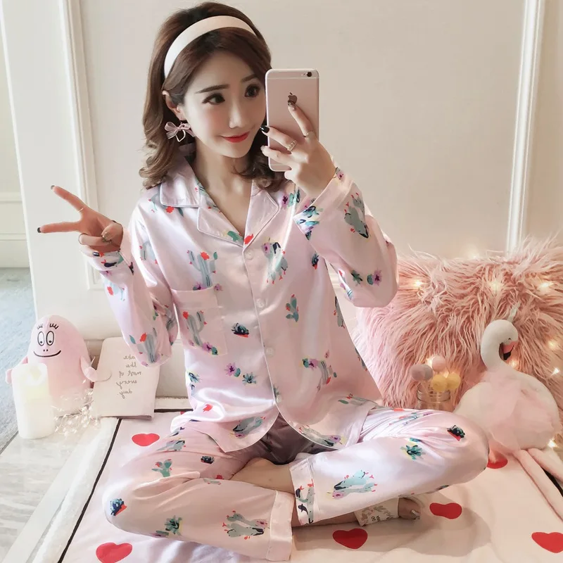 

Silk Satin Print Long Sleeve Pajama Sets for Women New Autumn Sleepwear Suit Femme Loungewear Homewear Pijama Mujer Home Clothes