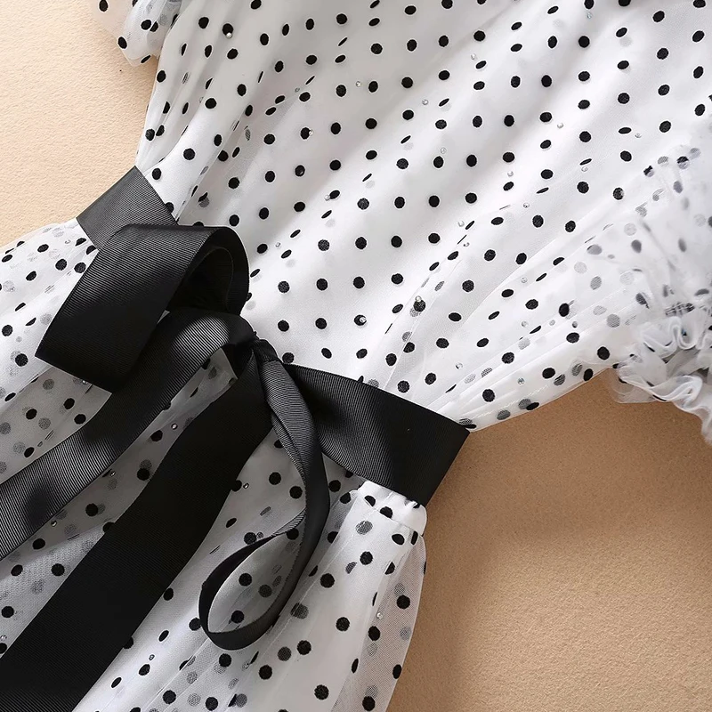 

Long Dress Runway Designer Spring New Polka Dot Print Mesh Short Sleeve Fashion Party Elegant Chic Women'S Dresses