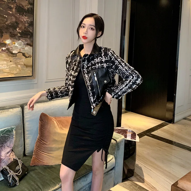 Женское черное клетчатое пальто куртка из искусственной кожи на молнии с большим