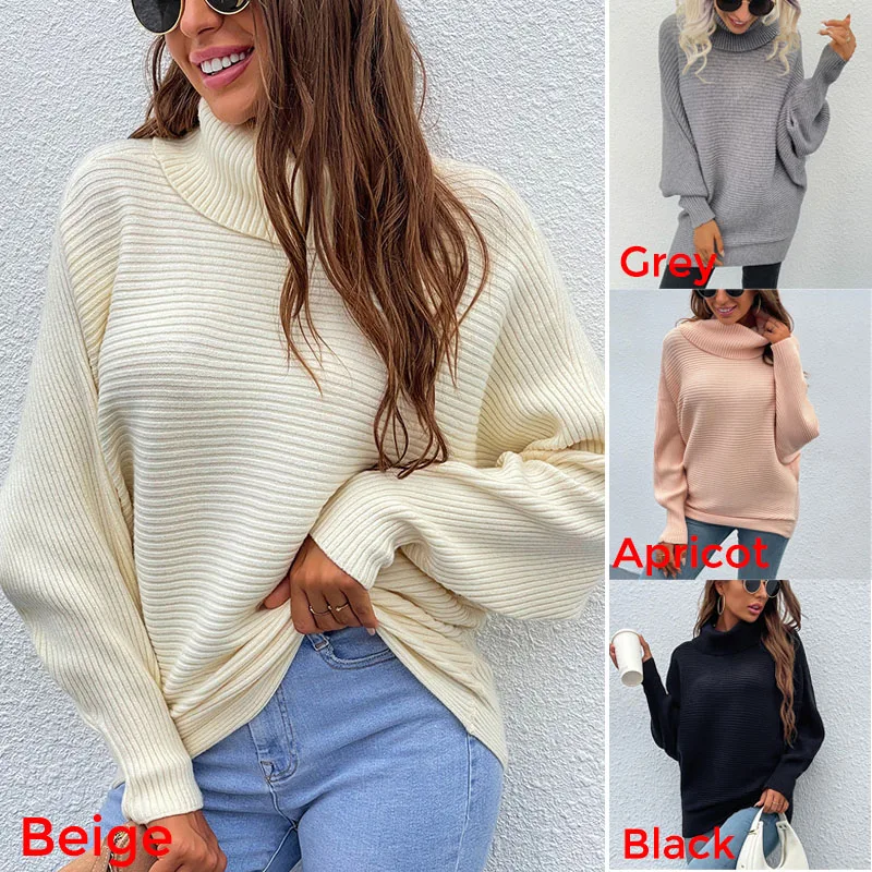 

Womens Turtleneck Long Batwing Sleeve Chunky Loose Knit Sweater Solid Oversized Pullover Winter Warm Stretch Ribbed Jumper Tops