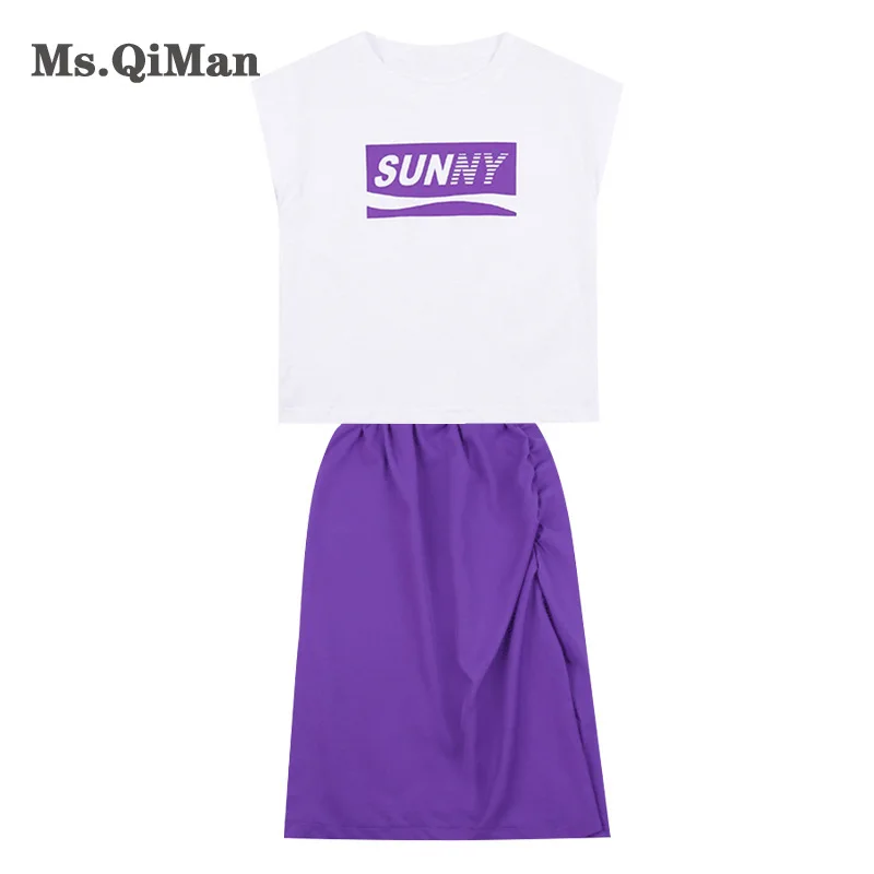 

Ms.Qiman Children's Sets 2021 Summer Girls White T-shirt with Skrit Sets Teenager Girls Casual Skirts 2piece T-shirt Sleeveless