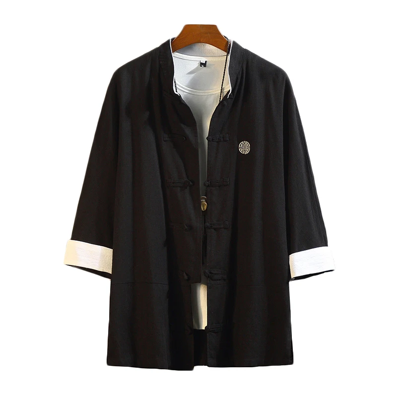 

Aransue Summer Chinoiserie Large Size Button Up Shirt Men's Tang Dynasty Thin Coat Han Blouse Cotton Linen Ancient Outwear