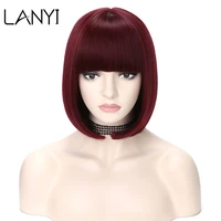 lanyi straight short bob wigs for wome synthetic hair with bangs 12 inches soft hair black wignatural daily wigs