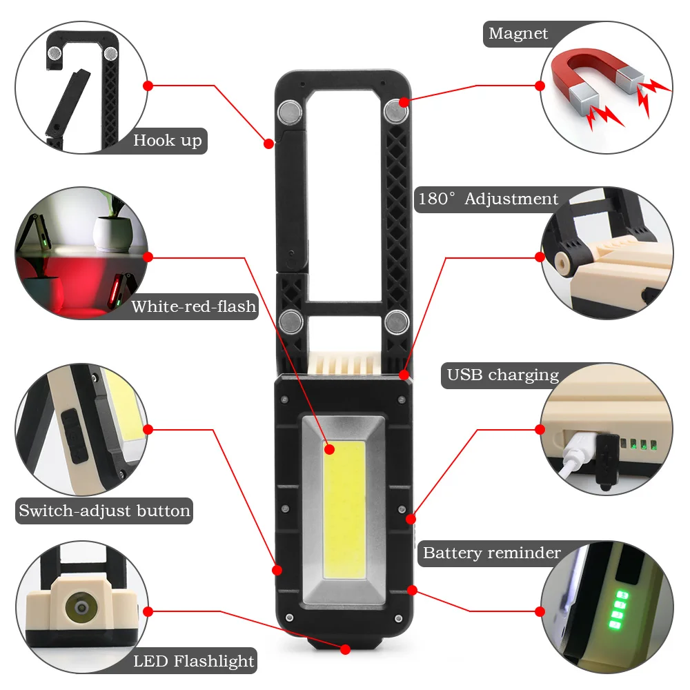 

MULTIFUNCTIONAL COB WORK LIGHT USB RECHARGEABLE LED FLASHLIGHT 180 DEGREE ADJUSTABLE PORTABLE BOTTOM MAGNET DESIGN CAMPING LIGHT