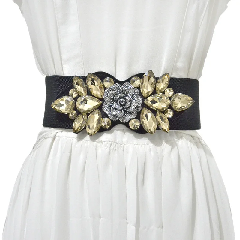 Модный широкий пояс Алмазный цветок женский Стразы эластичный Кушак на талию
