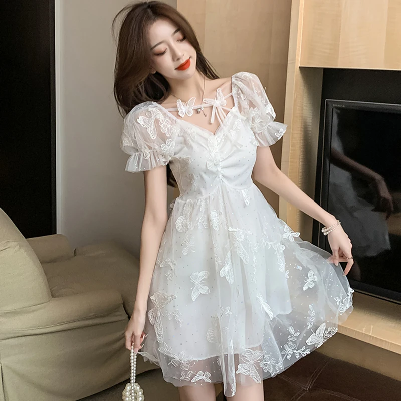 

2022 White Elegant Embroidery Chiffon Beach Sundress Summer Vintage Hollow Out Sexy Club Mini Dress Women Bodycon Party Vestidos