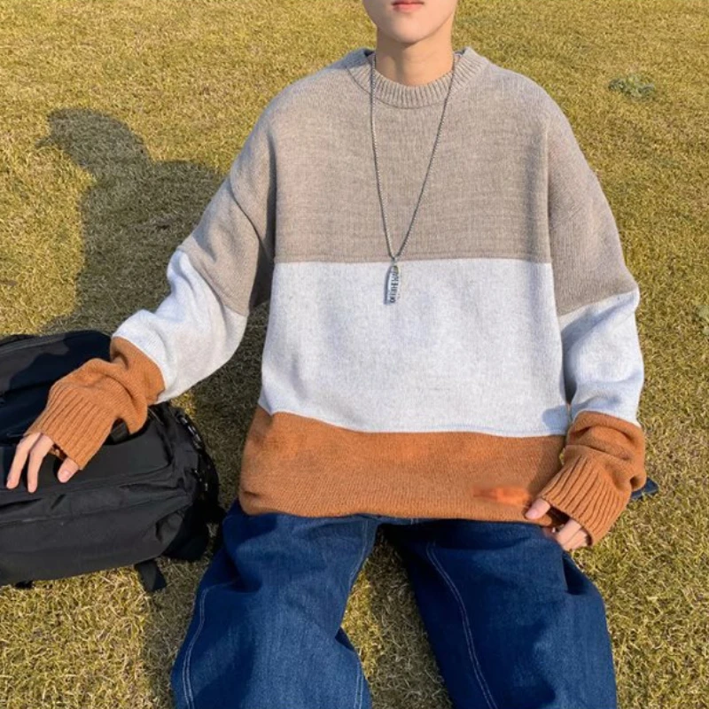 

Men Pullovers Patchwork Loose O-neck Long Sleeve High Quality Soft Harajuku Knitted Sweater Student All-match Korean Style Tops