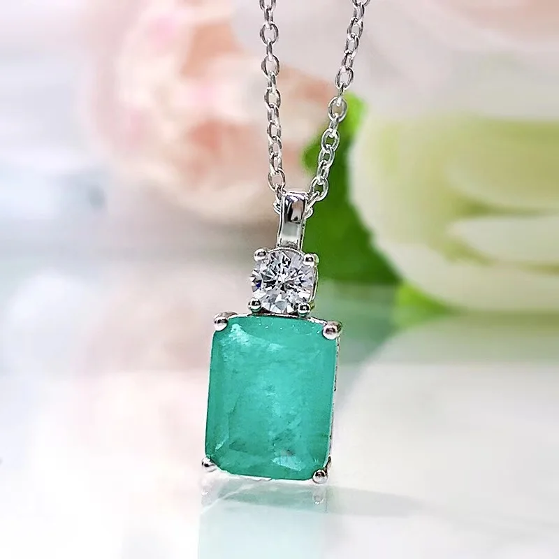 

New Arrival 925 Sterling Silver 8*10mm Paraiba Tourmaline Pendant Necklace for Women Fine Jewelry Europe INS Charm Necklace