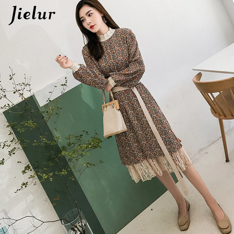 Jielur 2020 Autumn Khaki Floral Dress Women Chic Sashes Elegant Lady Chiffon Dresses Lace Slim Fashion OL Korean Vestidos S-XXL | Женская