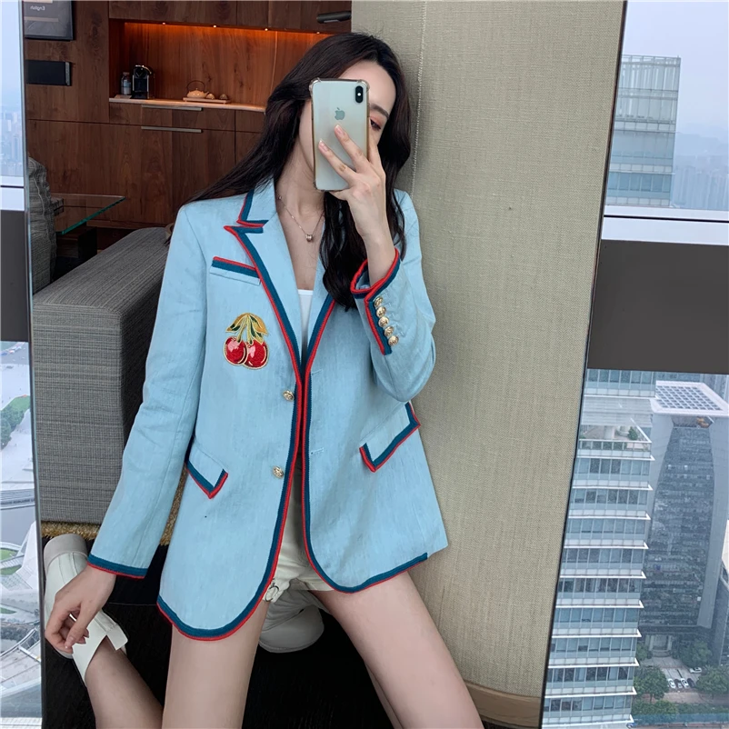 

Cherry Graphic Embed Blue Suit Girls Student Lolita Cute Kawayi Teenagers Blazer Harajuku Korean Stylish Preppy Stylish