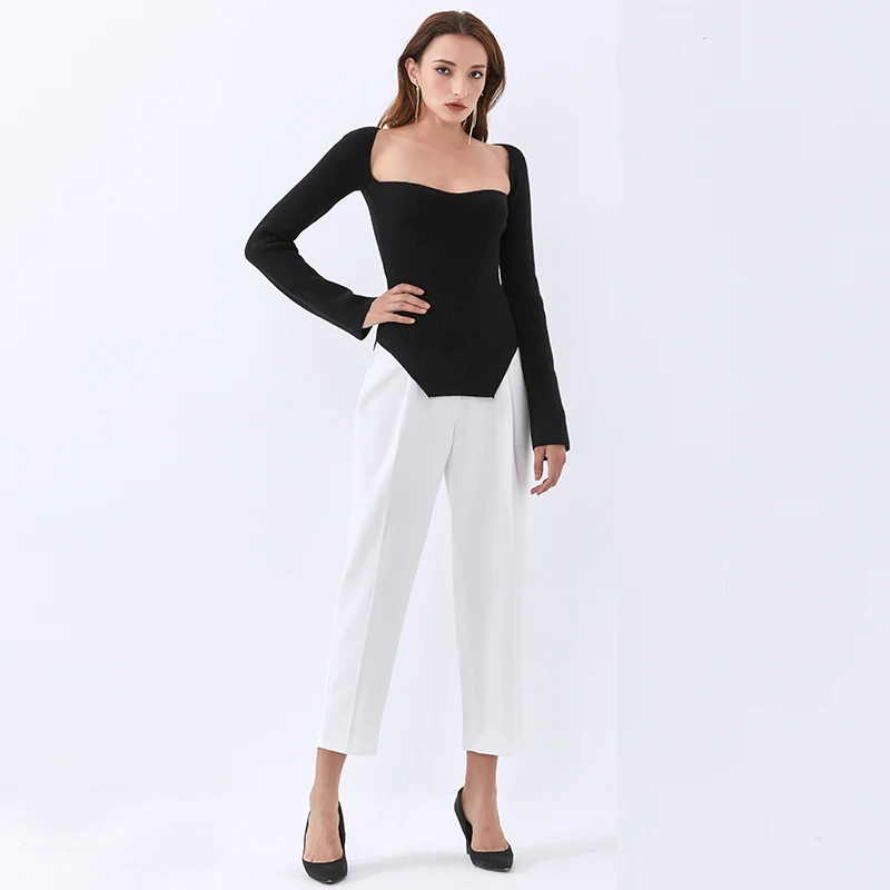 

Split Knitted Pullover For Women Square Collar Long Sleeve Side Female New Clothing Black Slim Sweater