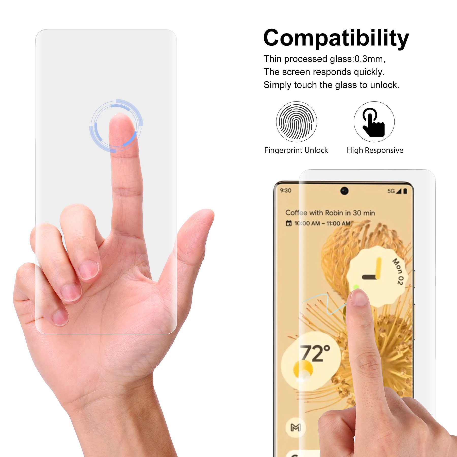 Protector de pantalla UV para Google Pixel 6 Pro, cubierta protectora completa, desbloqueo por huella dactilar, pegamento l&iacute;quido de vidrio templado curvado 3D-2