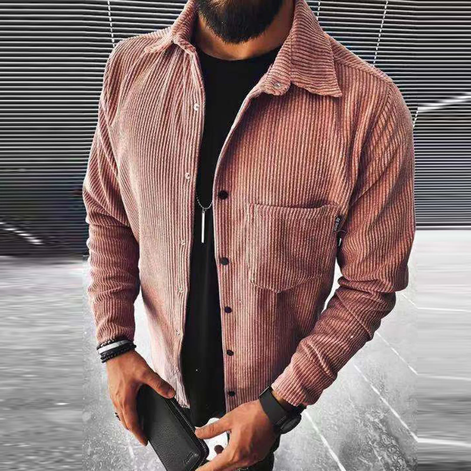 

2021 Autumn Men's Solid Color Shirts Vintage Slim Fit Corduroy Shirt Male Casual Loose Turn-down Collar Shirt Camisas De Hombre