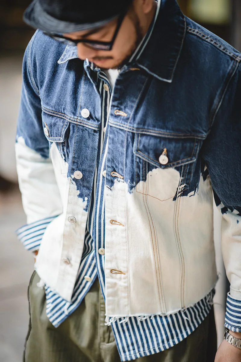 

Maden Washed Denim Jackets Mens Vintage Tie-dye Print White Typle3 Jacket Shirt Blue Solid Casual Raw Matching Man Clothing