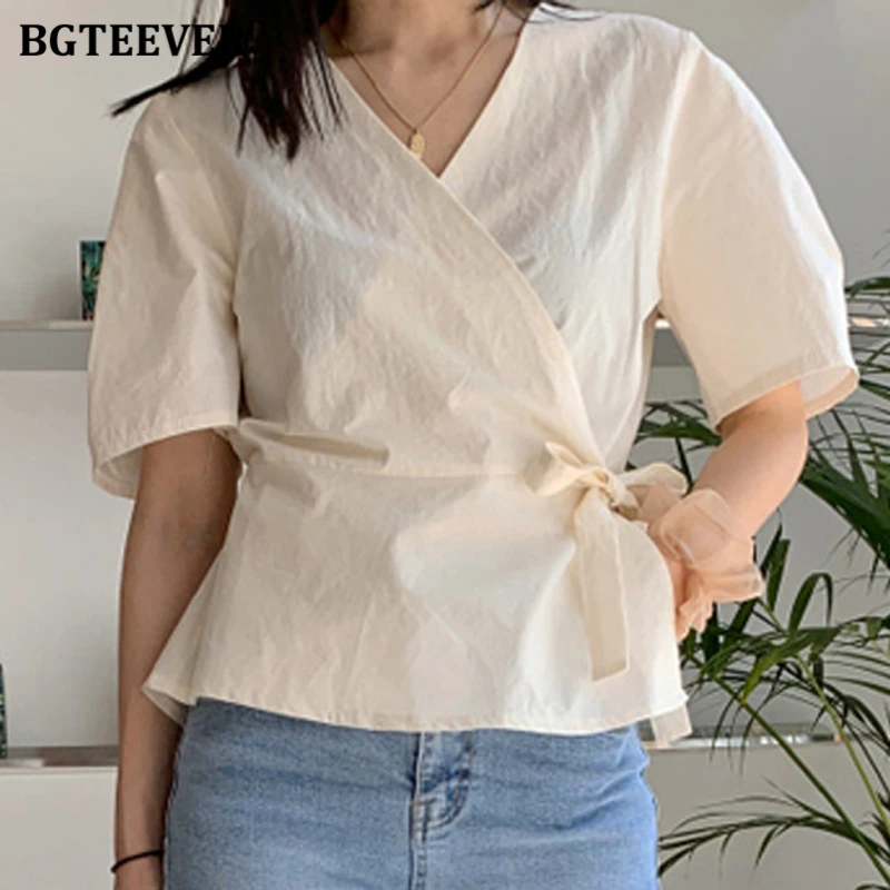Элегантные женские рубашки BGTEEVER с V-образным вырезом блузки повседневные