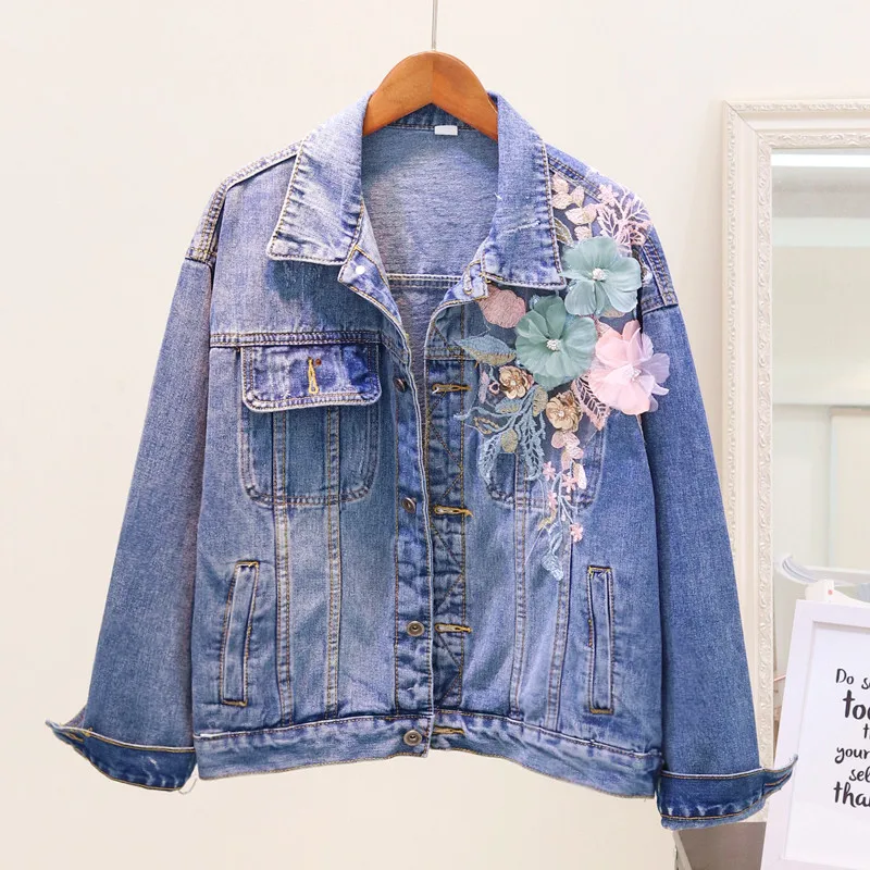 

2021 Autumn Women Basic Coat Three-dimensional Flower Embroidery Splice Denim Jacket Long Sleeve Casual Elegant Outerwear Befree