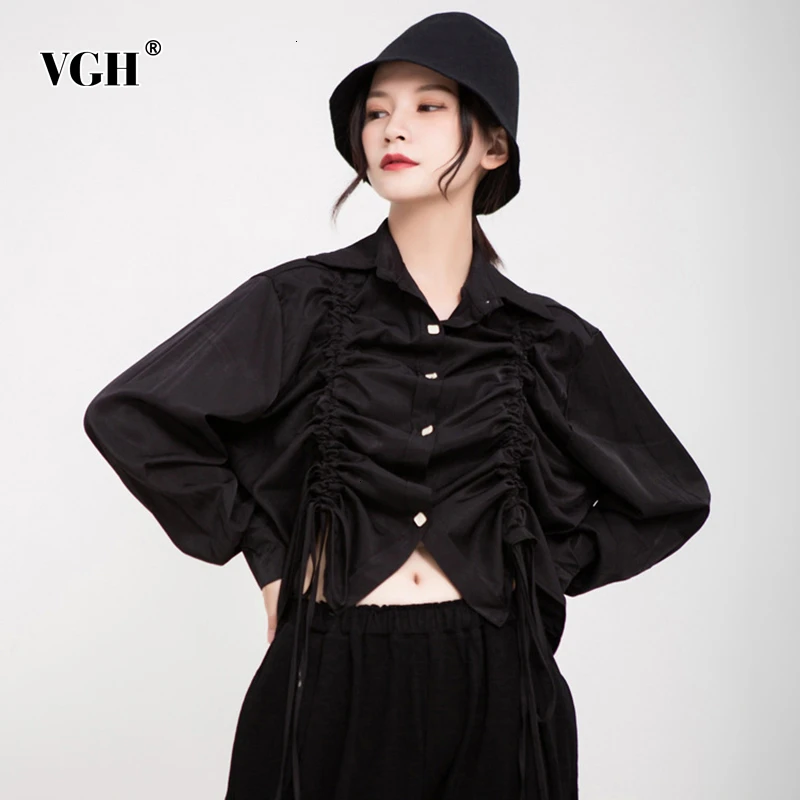 Женская рубашка с воротником лацканами и рюшами VGH белая Повседневная Корейская