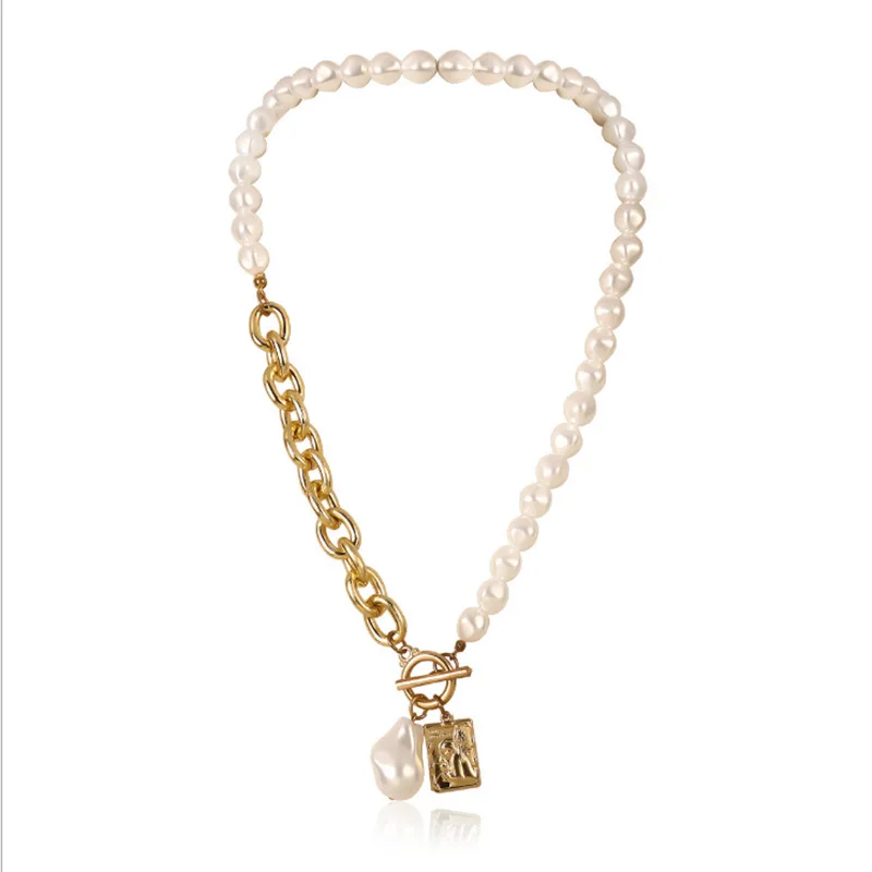 

Vintage Baroque Irregular Pearl Lock Chains Necklace 2020 Geometric Aangel Pendant Love Necklaces for Women Punk Jewelry
