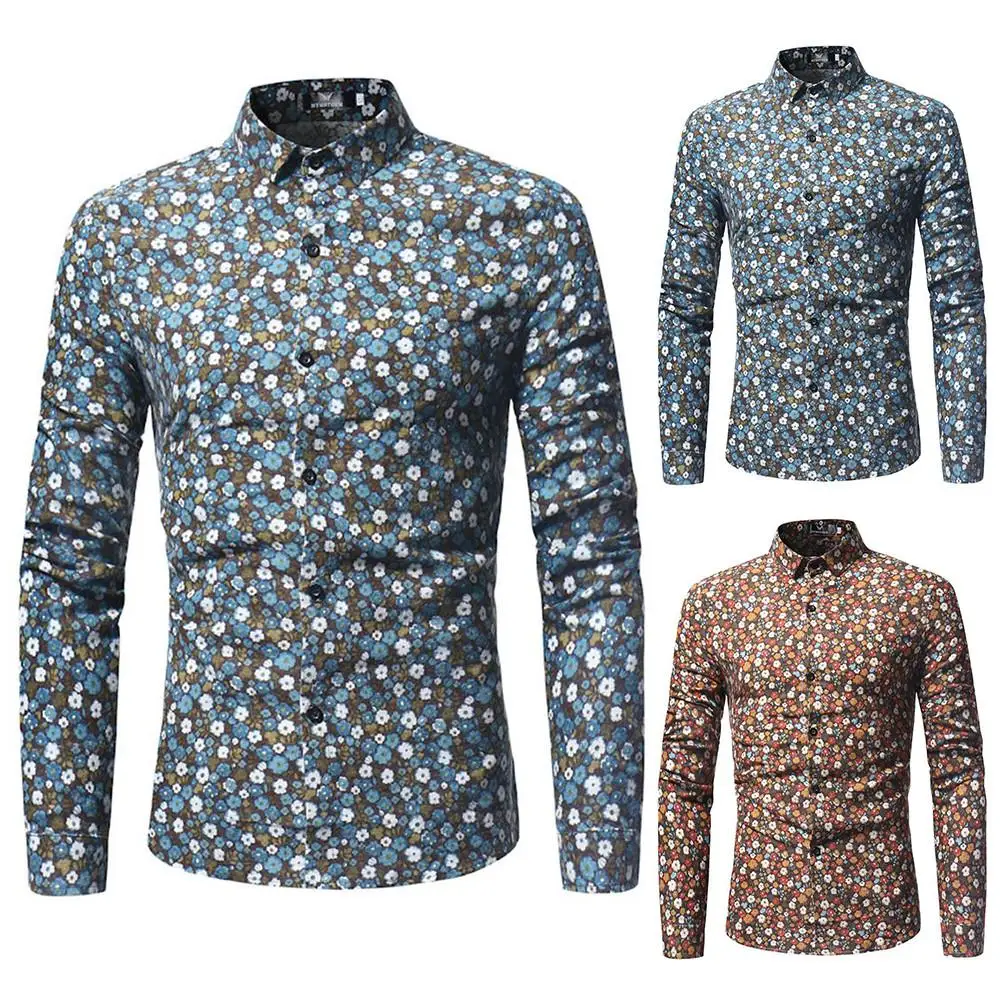 

Office Men Floral Leaves Printing Tops Spring Autumn Male Bottoming Shirts